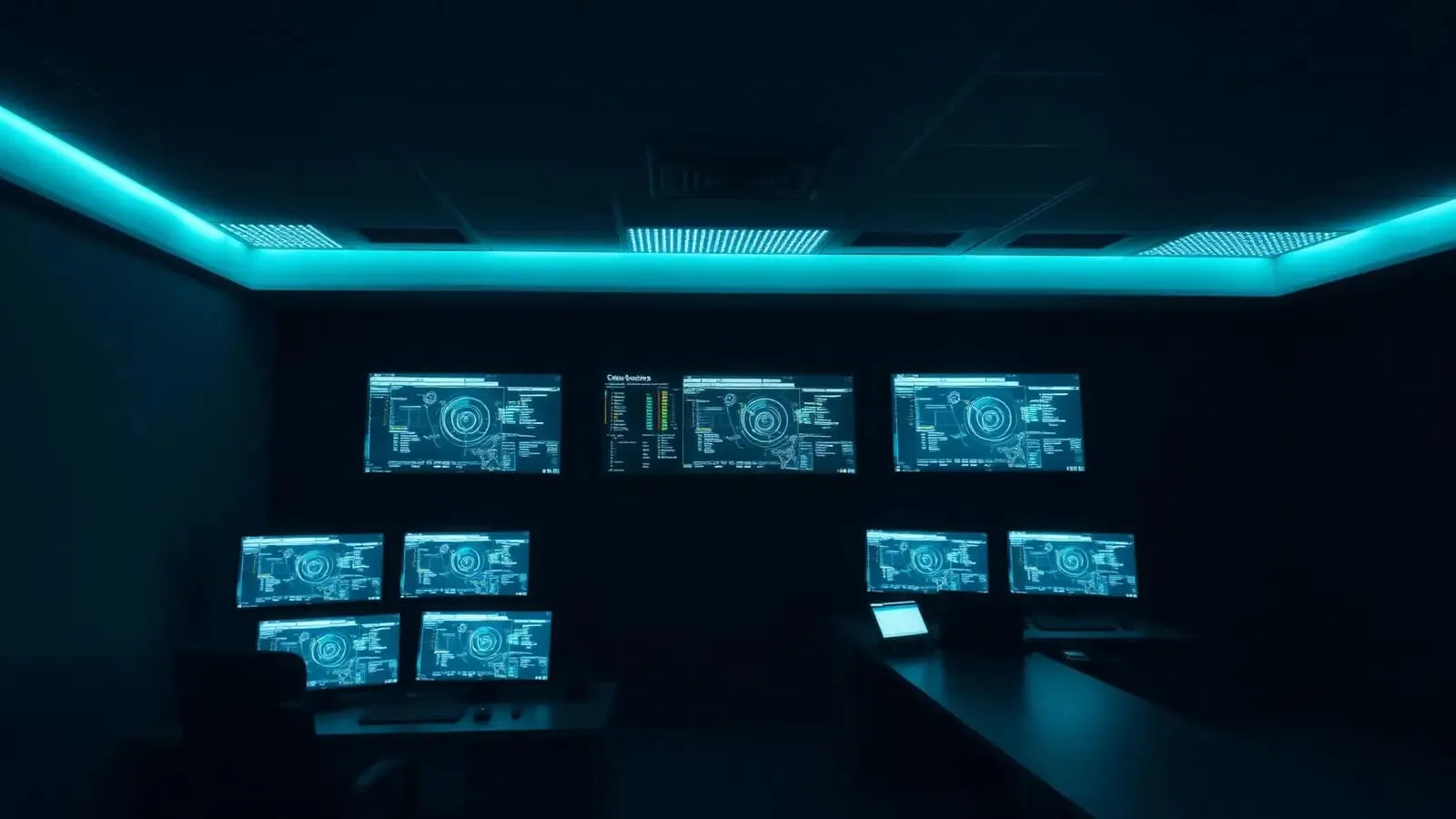 Dunkle Leitstelle mit Monitoring-Bildschirmen unter einem cyanfarbenen Lichtstreifen