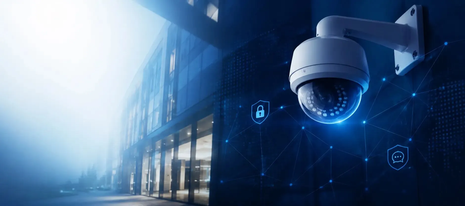 Dome-Sicherheitskamera an der Fassade eines Bürogebäudes mit digitalen Sicherheitssymbolen